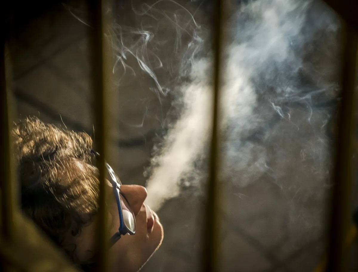 Curly-haired man reclining with smoke drifting across metal bars in front of him
